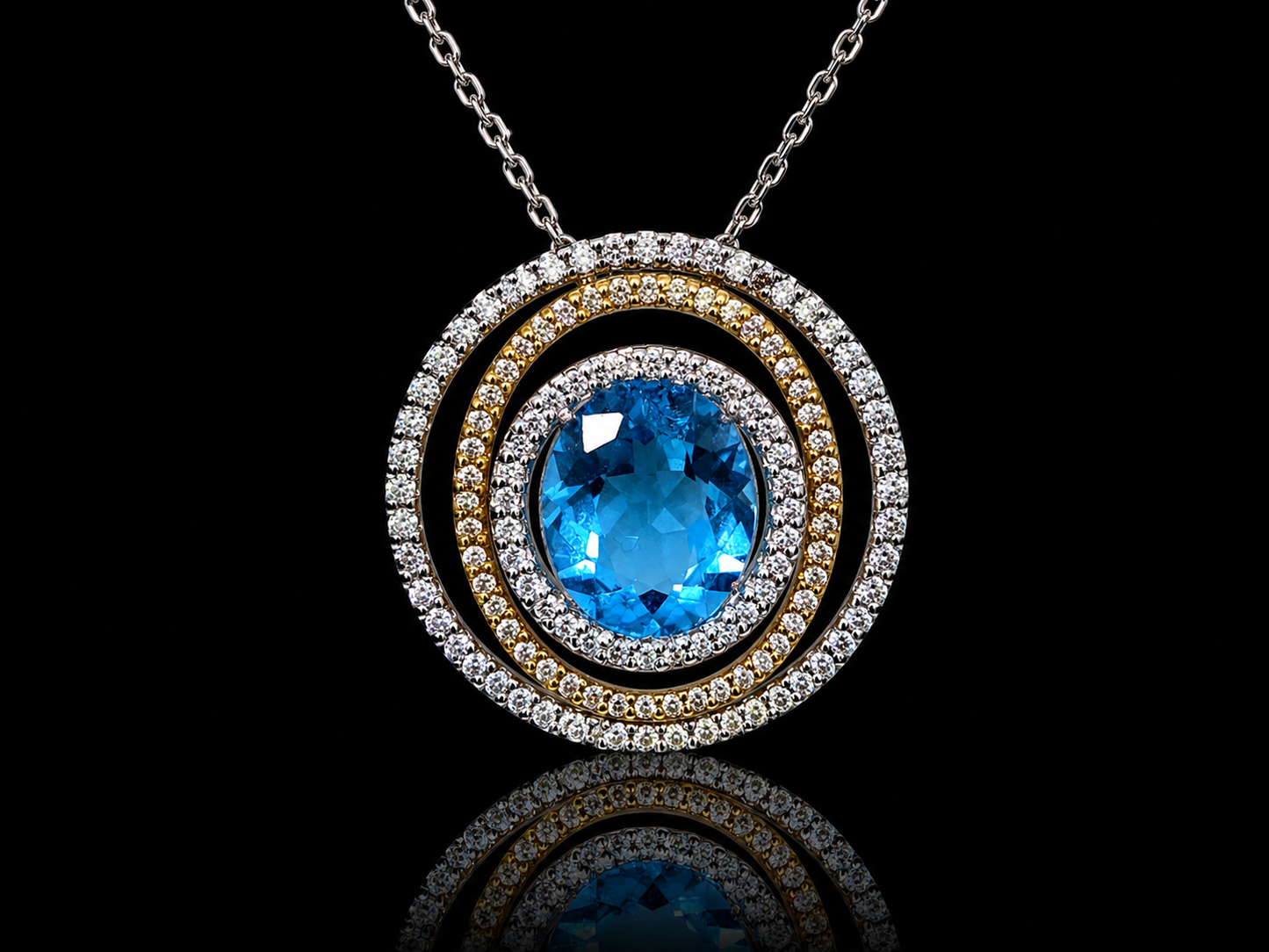 14K White Gold Blue Topaz &amp; Diamond Double Halo Pendant (Copy) Angelica Jewellers