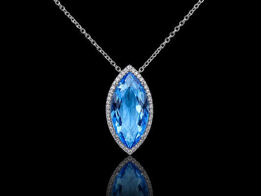 18K White Gold Marquise Blue Topaz &amp; Diamond Pendant Necklace Angelica Jewellers