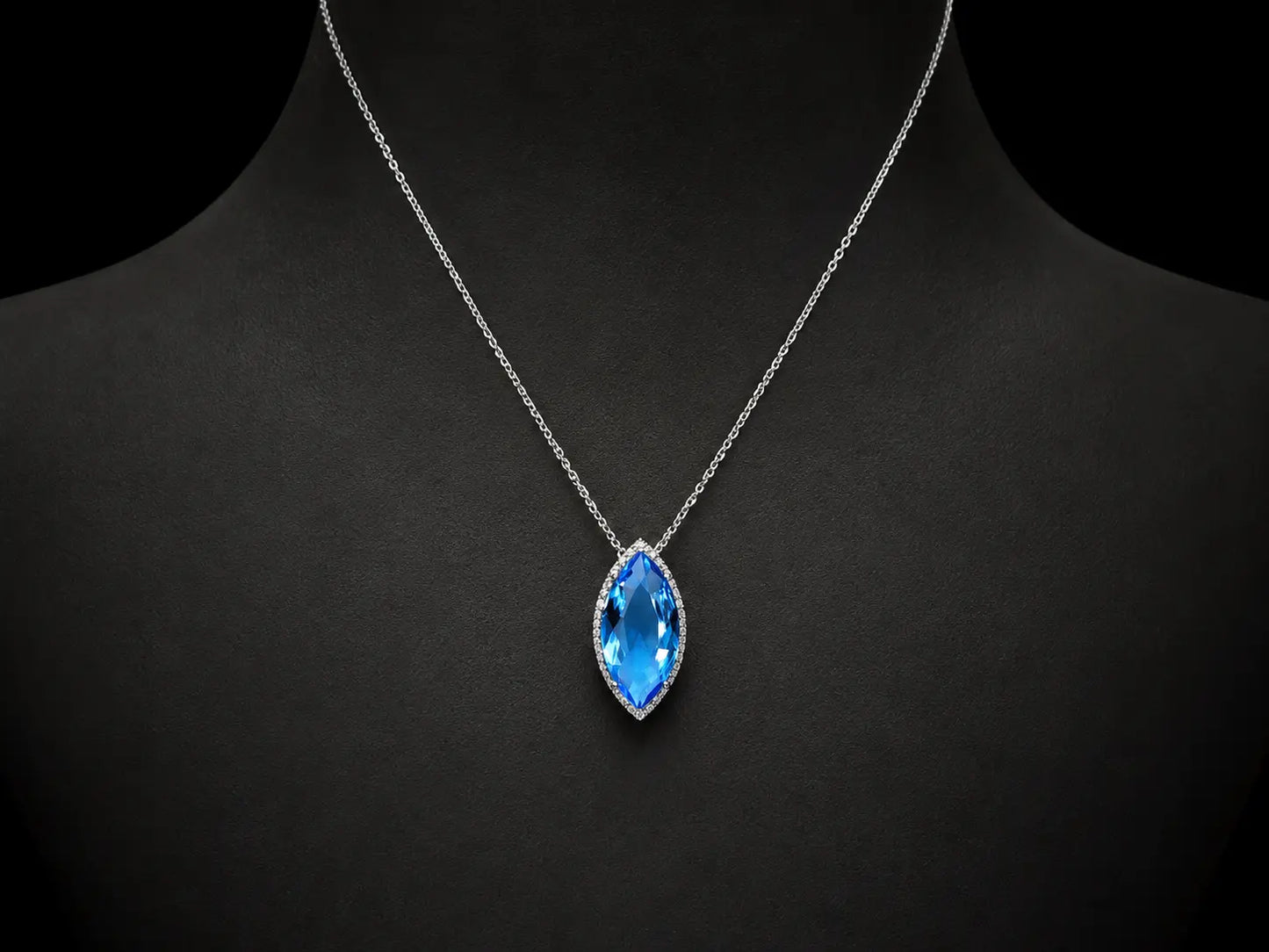 18K White Gold Marquise Blue Topaz &amp; Diamond Pendant Necklace Angelica Jewellers