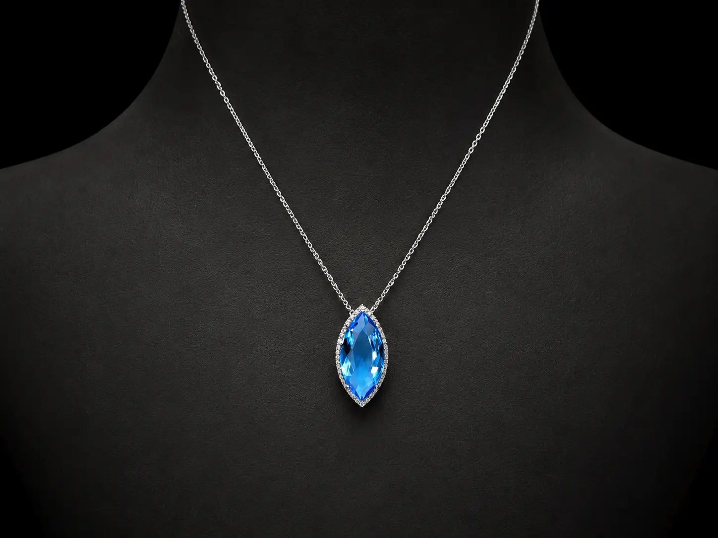 18K White Gold Marquise Blue Topaz &amp; Diamond Pendant Necklace Angelica Jewellers