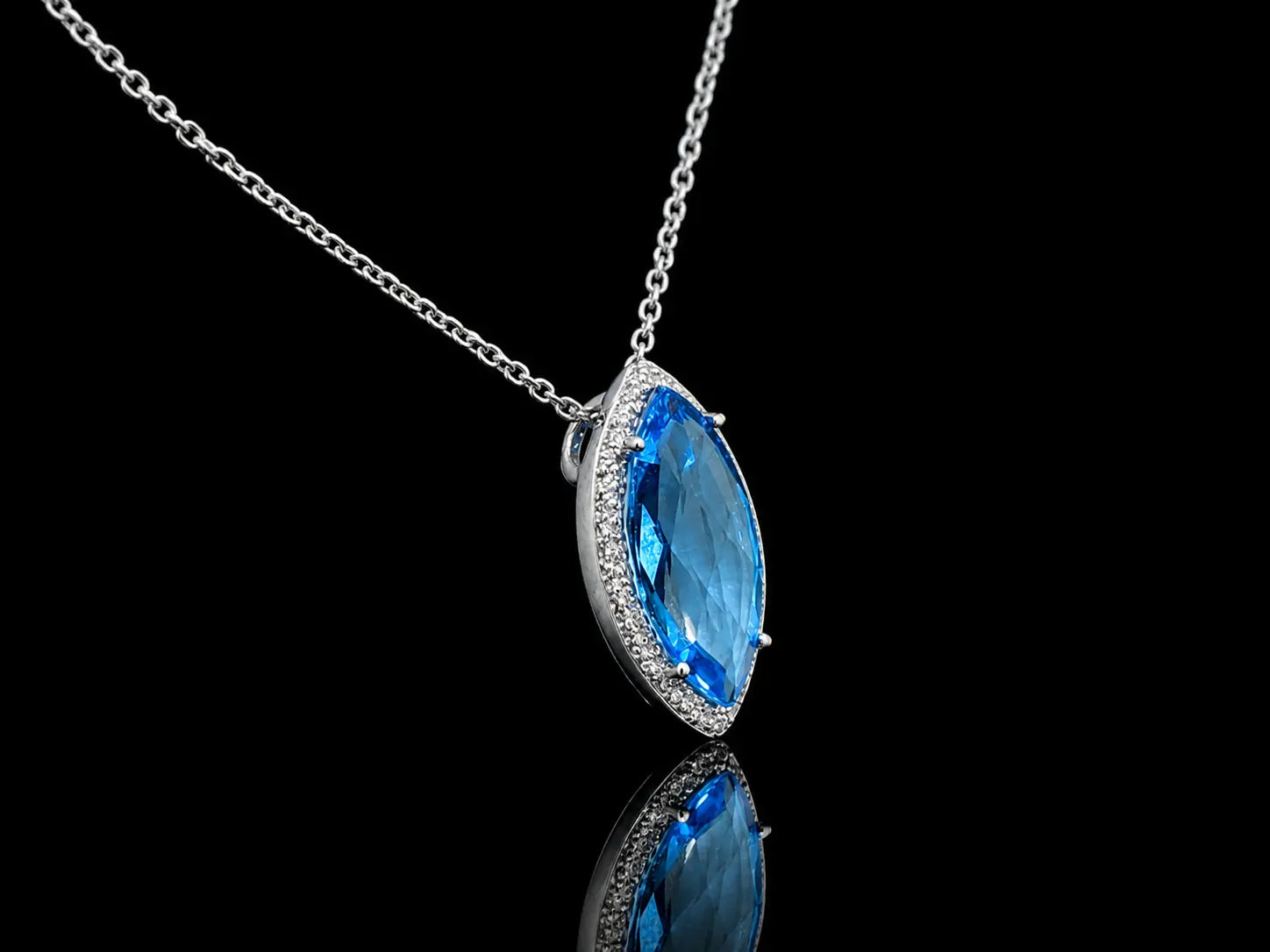 18K White Gold Marquise Blue Topaz &amp; Diamond Pendant Necklace Angelica Jewellers