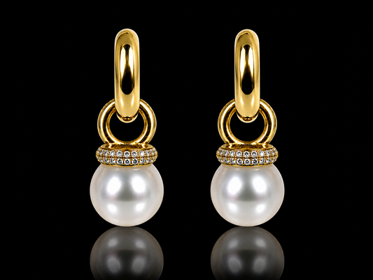 18K Yellow Gold Removable South Sea White Pearl & Diamond Dangle Earrings – 0.70 CT Natural Diamonds (Copy)