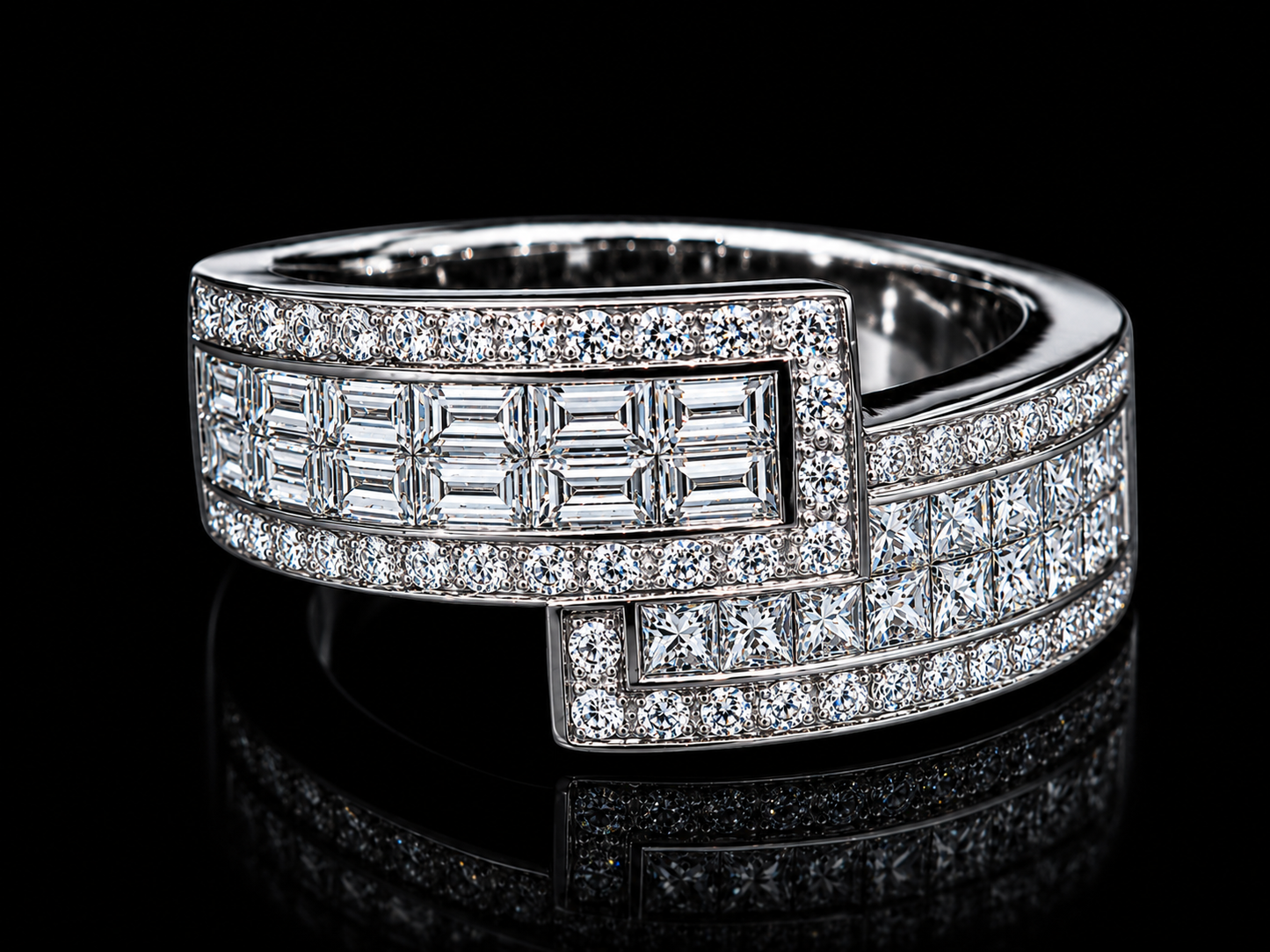 18K White Gold Geometric Statement Multi-Cut Natural Diamond Ring