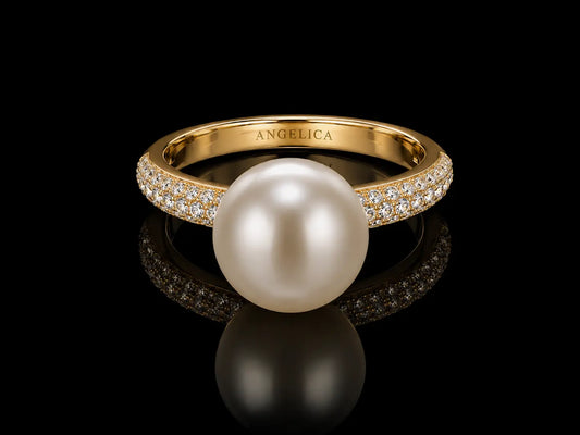 18K Yellow Gold South Sea Pearl & Diamond Ring – 9.5–10mm White Pearl | 0.30 CT Natural Diamonds Angelica Jewellers