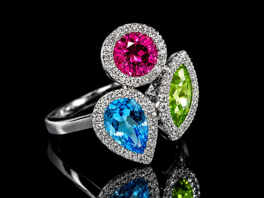 18K White Gold Peridot, Pink Tourmaline & Blue Topaz Diamond Trilogy Ring Angelica Jewellers