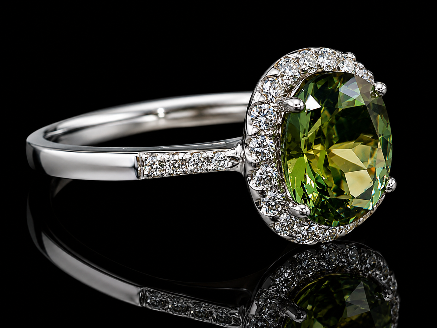 18K Yellow Gold Green Tourmaline Diamond Halo Ring
