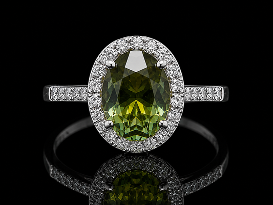 18K Yellow Gold Green Tourmaline Diamond Halo Ring Angelica Jewellers