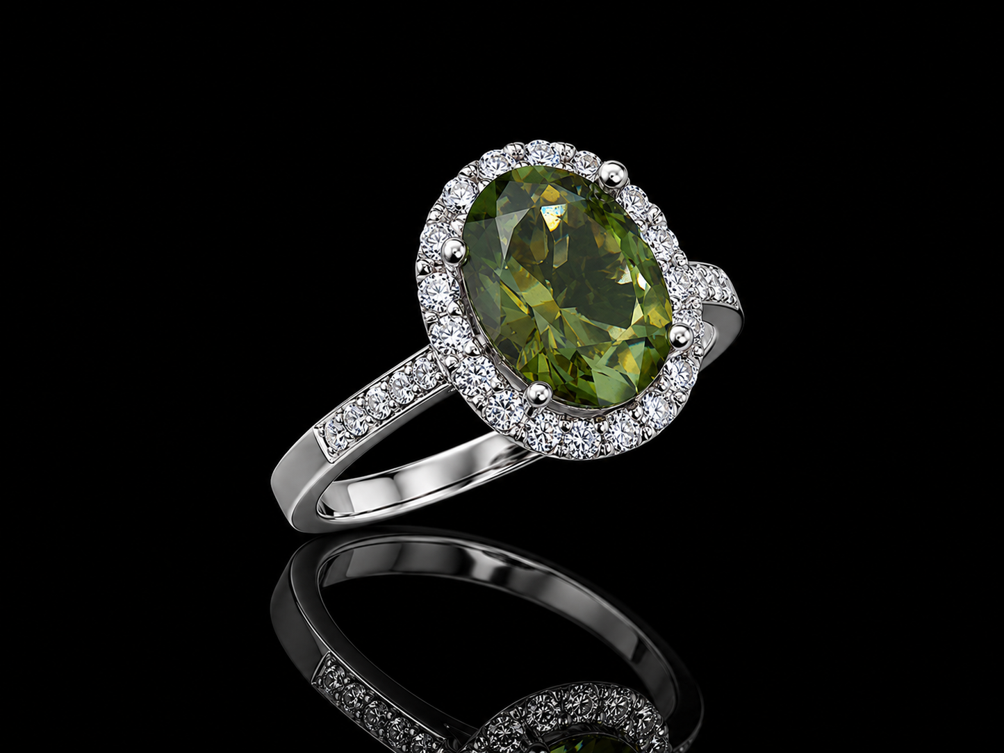 18K Yellow Gold Green Tourmaline Diamond Halo Ring