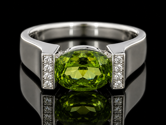 14K White Gold Peridot and Diamond Ring