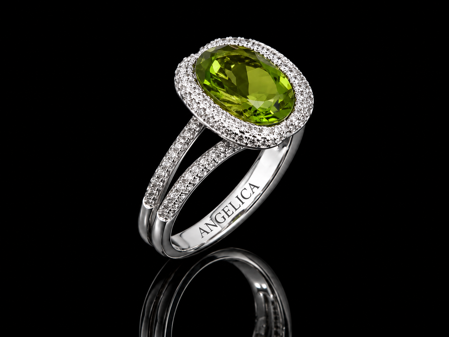 18K White Gold Green Tourmaline &amp; Diamond Halo Ring