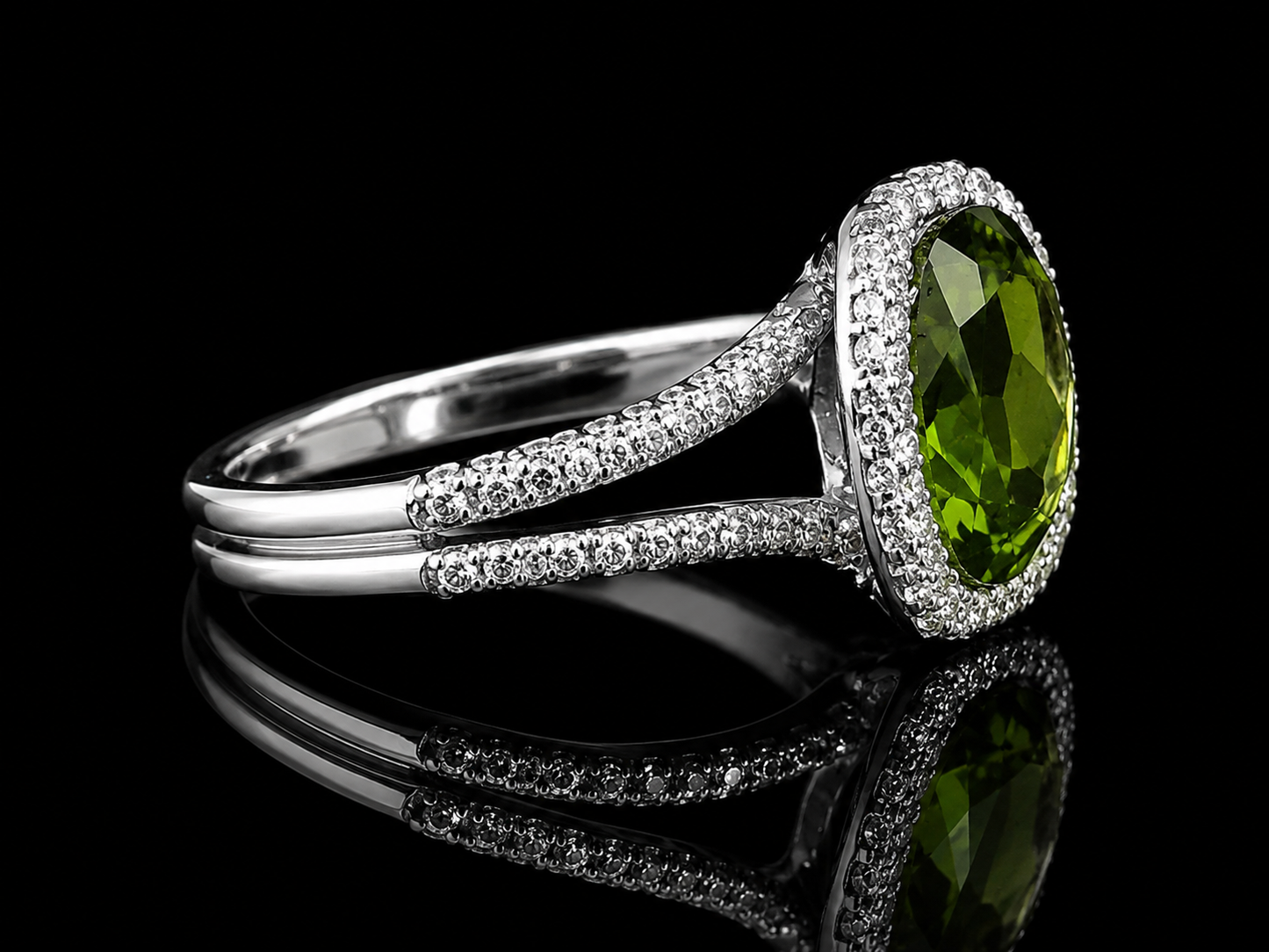 18K White Gold Green Tourmaline &amp; Diamond Halo Ring