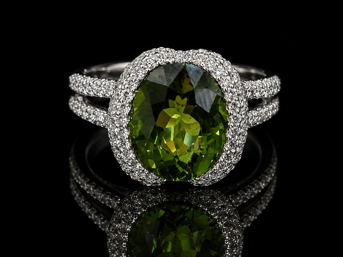 18K White Gold Green Tourmaline &amp; Diamond Halo Ring