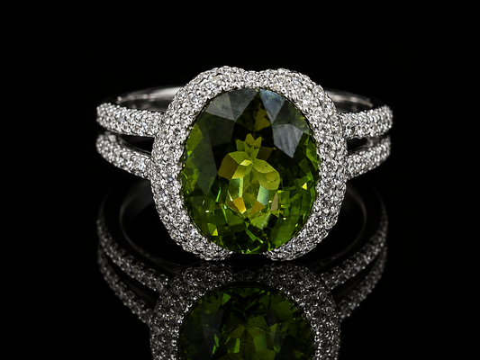 18K White Gold Green Tourmaline & Diamond Halo Ring
