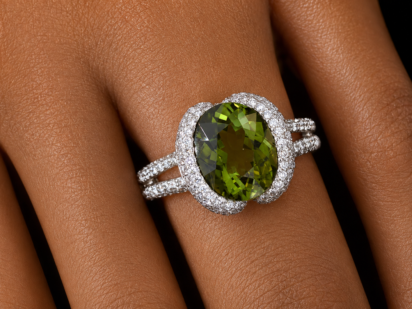 18K White Gold Green Tourmaline &amp; Diamond Halo Ring
