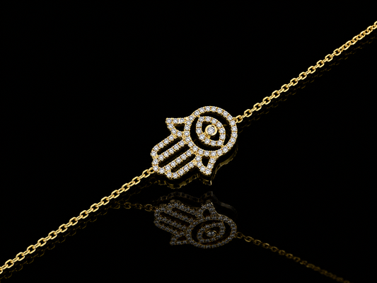 14K Yellow Gold Diamond Hamsa Bracelet – 0.24 CT Natural Diamond Evil Eye Bracelet