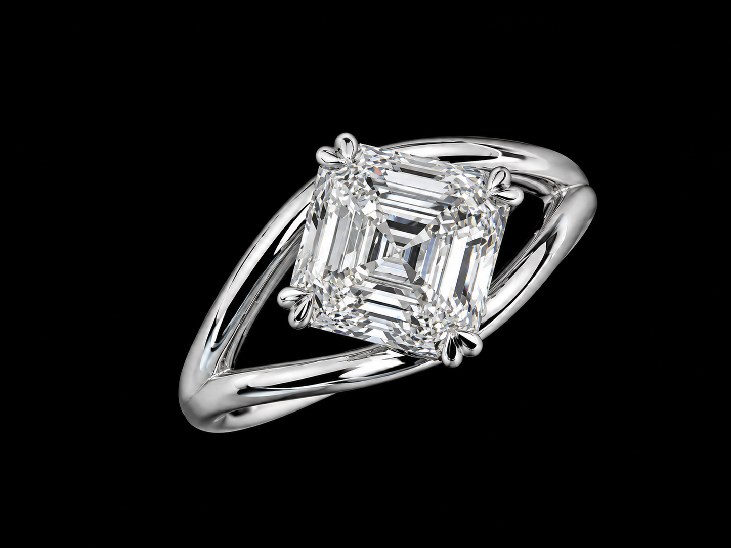 14K White Gold Split Shank Asscher-Cut Diamond Engagement Ring – 2.52 CT E VVS2 IGI Certified Angelica Jewellers