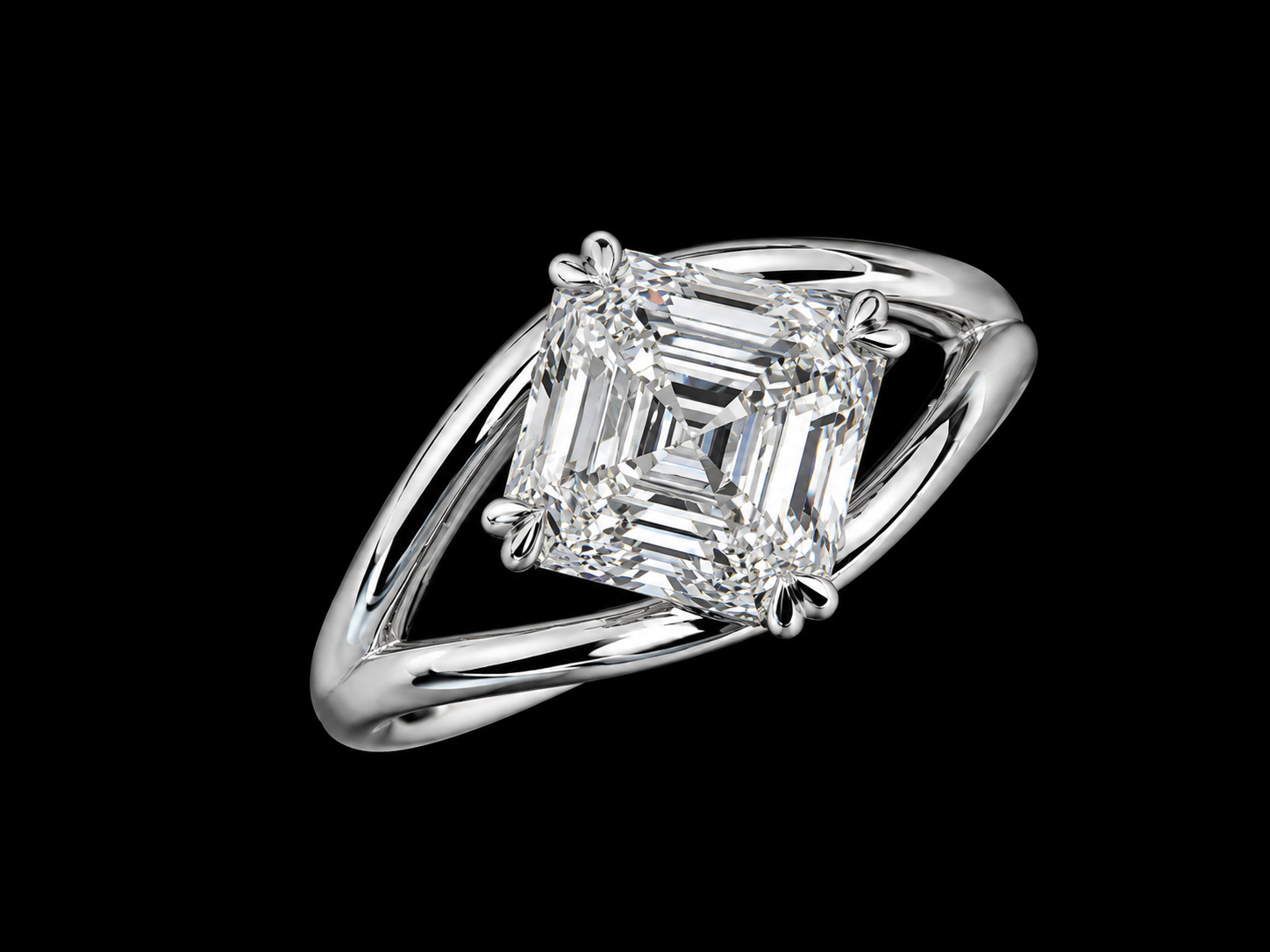 14K White Gold Split Shank Asscher-Cut Diamond Engagement Ring – 2.52 CT E VVS2 IGI Certified Angelica Jewellers