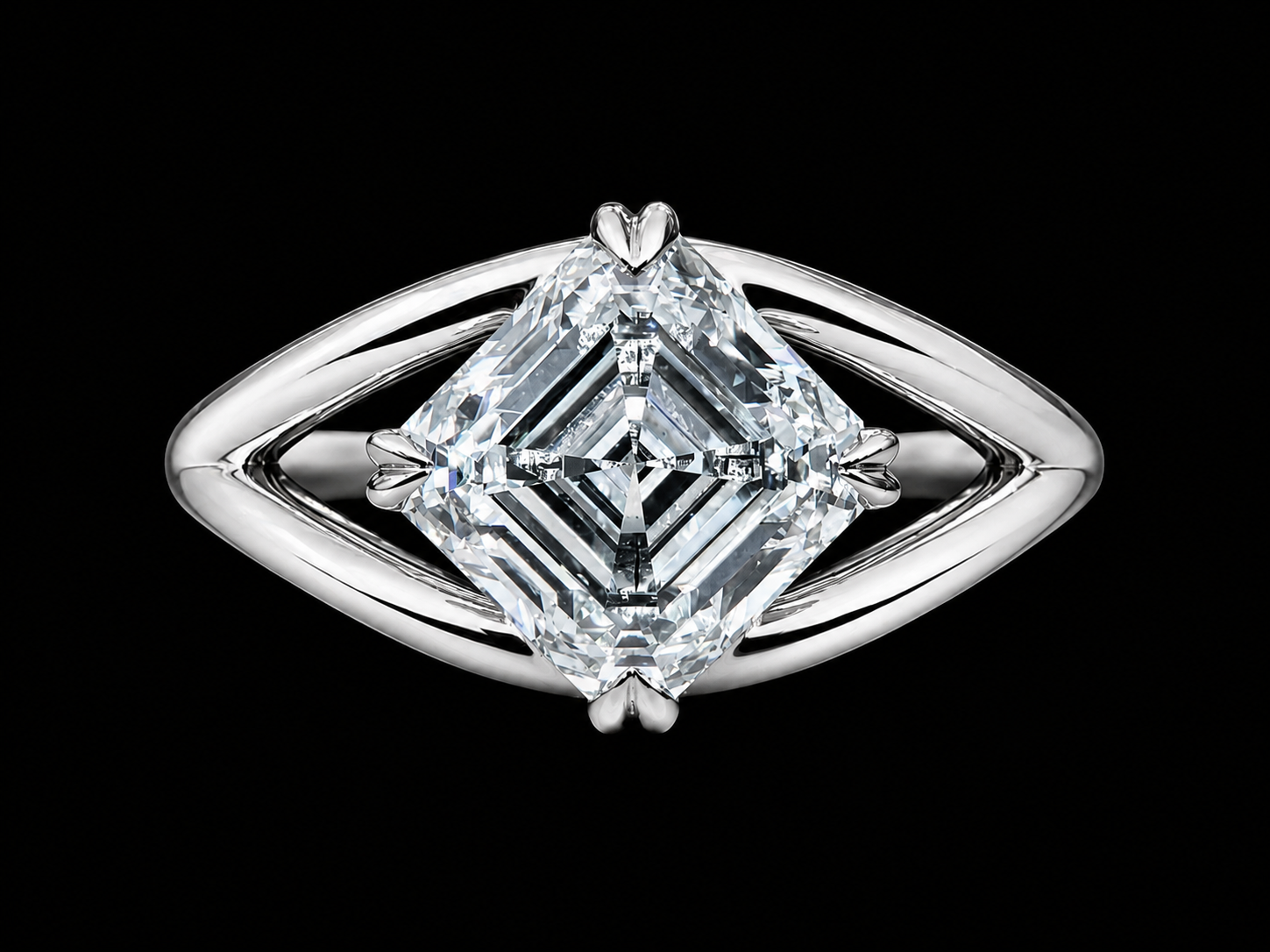 14K White Gold Split Shank Asscher-Cut Diamond Engagement Ring – 2.52 CT E VVS2 IGI Certified Angelica Jewellers