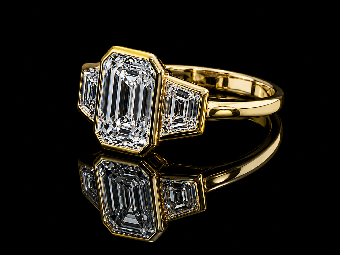 18K Yellow Gold Emerald Cut & Trapezoid Lab-Grown Diamond Trinity Engagement Ring – 3.38 CT Total | IGI Certified Angelica Jewellers