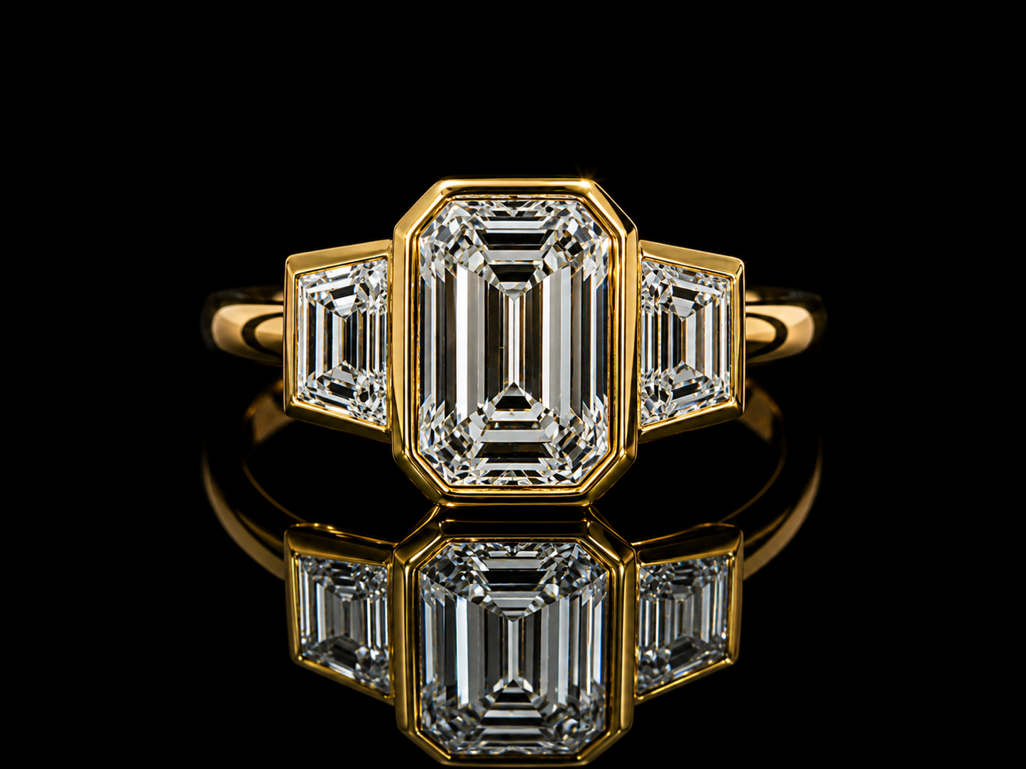 18K Yellow Gold Emerald Cut & Trapezoid Lab-Grown Diamond Trinity Engagement Ring – 3.38 CT Total | IGI Certified Angelica Jewellers