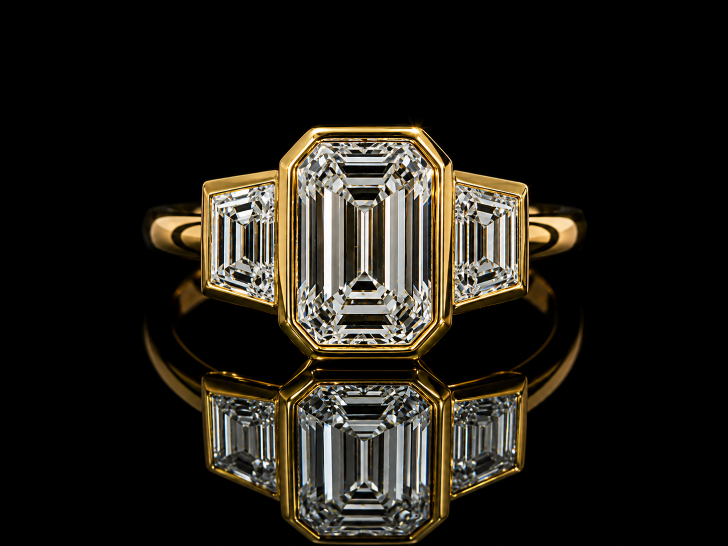 18K Yellow Gold Emerald Cut & Trapezoid Lab-Grown Diamond Trinity Engagement Ring – 3.38 CT Total | IGI Certified Angelica Jewellers
