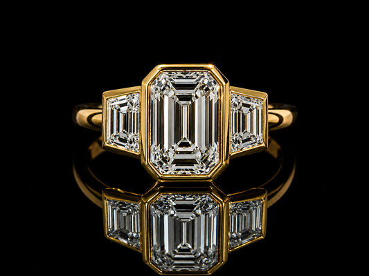 18K Yellow Gold Emerald Cut & Trapezoid Lab-Grown Diamond Trinity Engagement Ring – 3.38 CT Total | IGI Certified