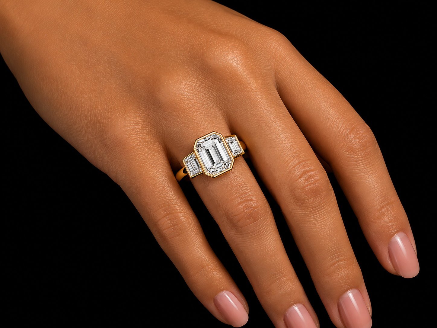 18K Yellow Gold Emerald Cut & Trapezoid Lab-Grown Diamond Trinity Engagement Ring – 3.38 CT Total | IGI Certified Angelica Jewellers