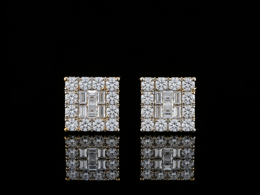 10K YELLOW GOLD BAGUETTE AND ROUND DIAMOND EARRINGS