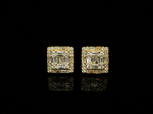 10K YELLOW GOLD BAGUETTE AND ROUND DIAMOND EARRINGS