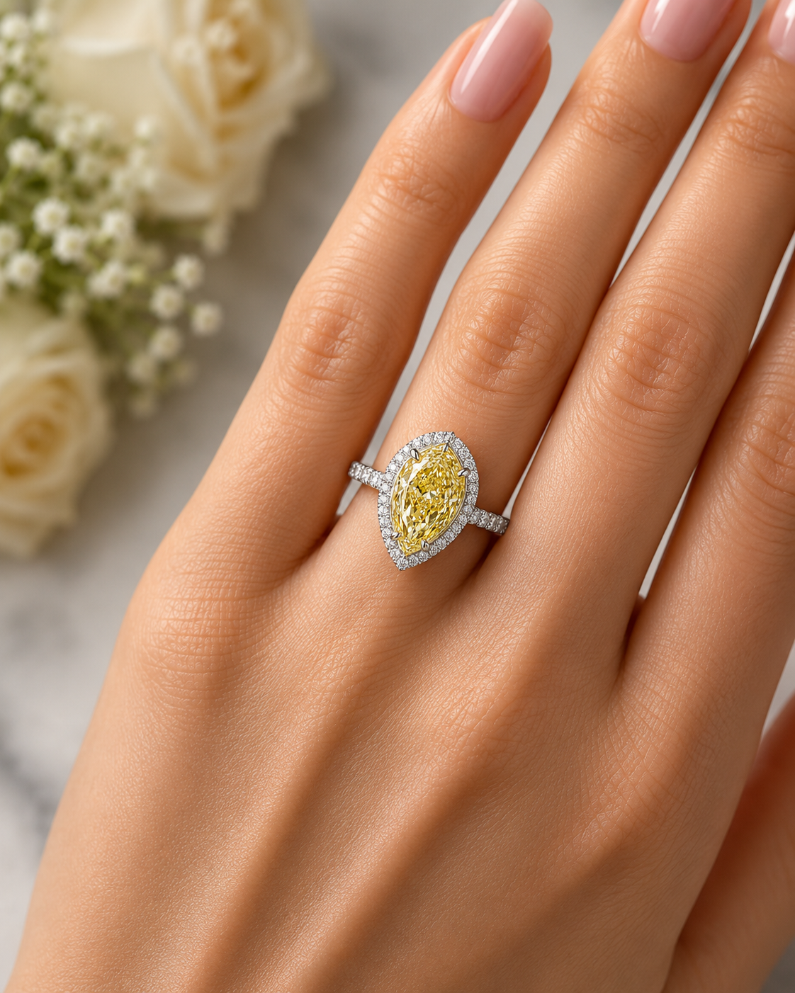Platinum & 18K Yellow Gold Canary Yellow Pear Lab-Grown Diamond Engagement Ring – 2.79 ct Total – IGI Certified Angelica Jewellers