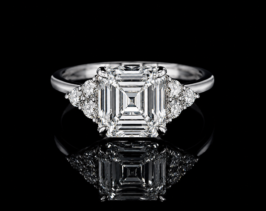 14K White Gold Asscher Cut Lab Diamond Engagement Ring – 3.36 ct Total – IGI Certified