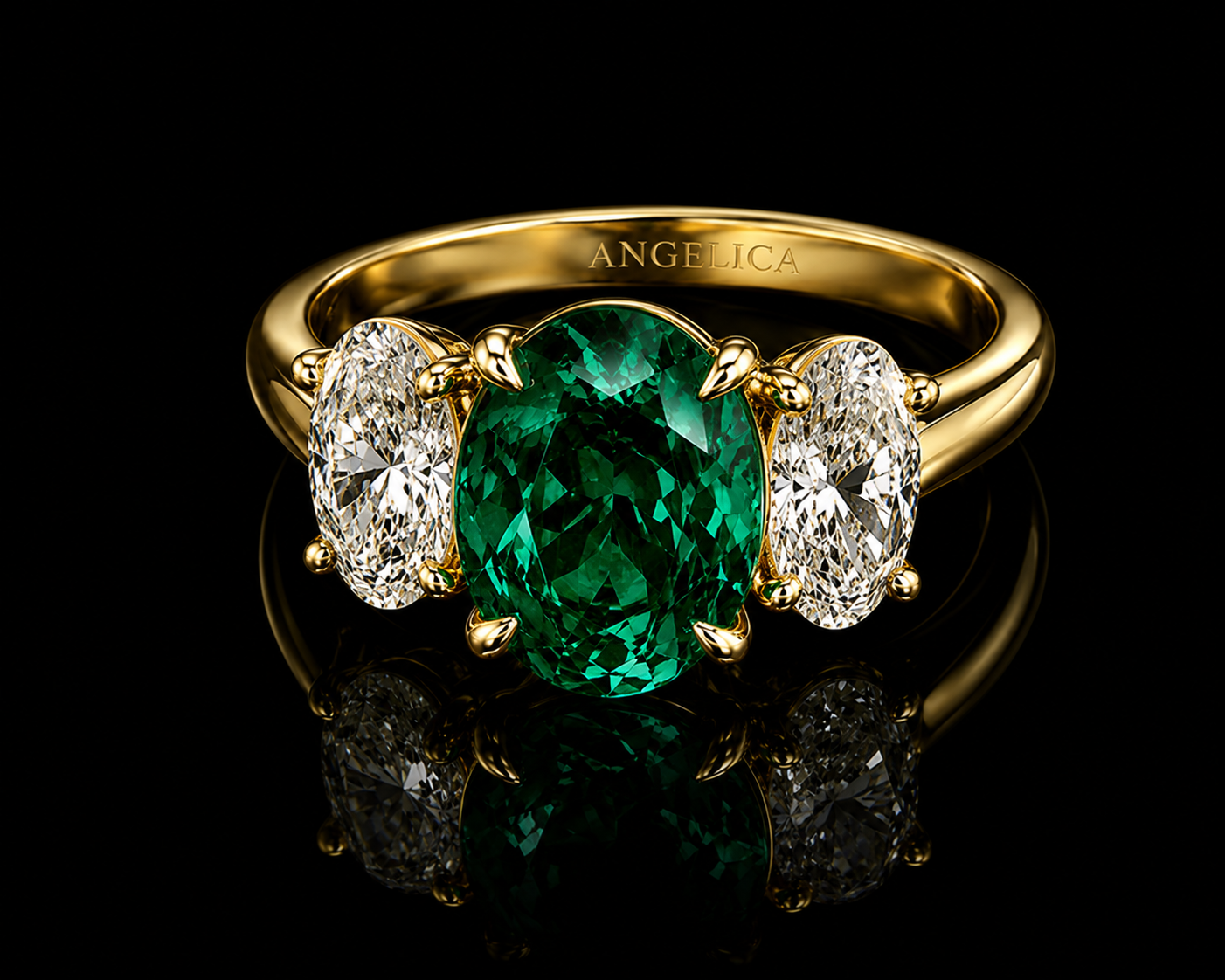 18K Yellow Gold Lab Green Emerald &amp; Oval Lab Diamond Three-Stone Ring – 3.85 ct Total Angelica Jewellers
