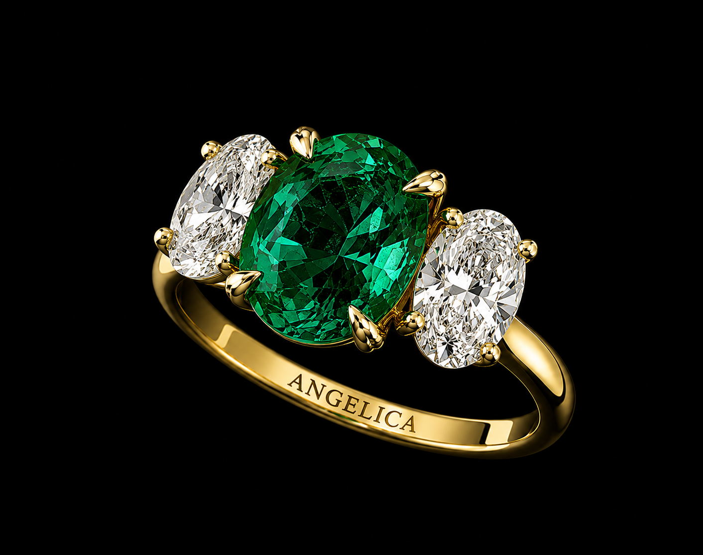 18K Yellow Gold Lab Green Emerald &amp; Oval Lab Diamond Three-Stone Ring – 3.85 ct Total Angelica Jewellers