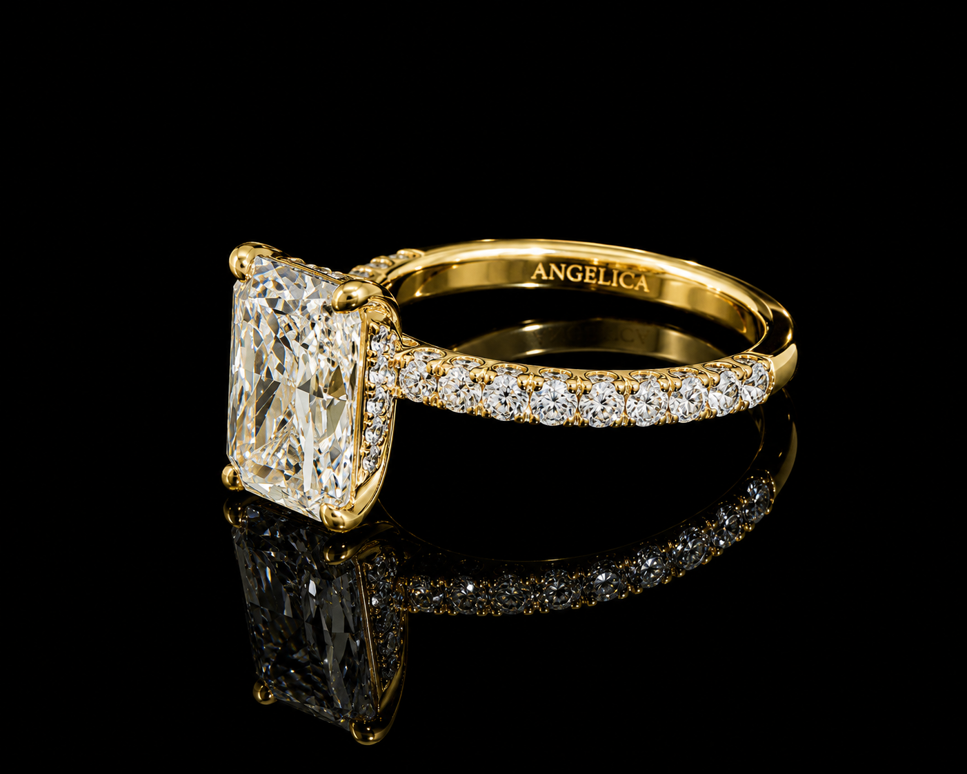 18K Yellow Gold Elongated Radiant Lab Diamond Engagement Ring – 3.80 ct Total – IGI Certified Angelica Jewellers