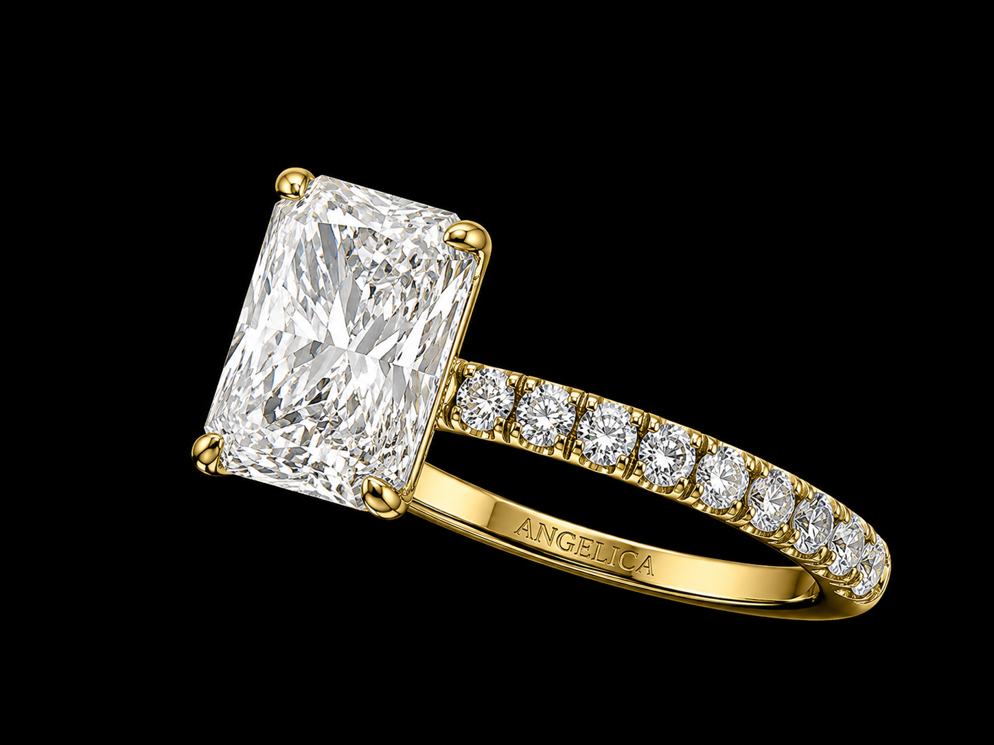 18K Yellow Gold Elongated Radiant Lab Diamond Engagement Ring – 3.80 ct Total – IGI Certified Angelica Jewellers