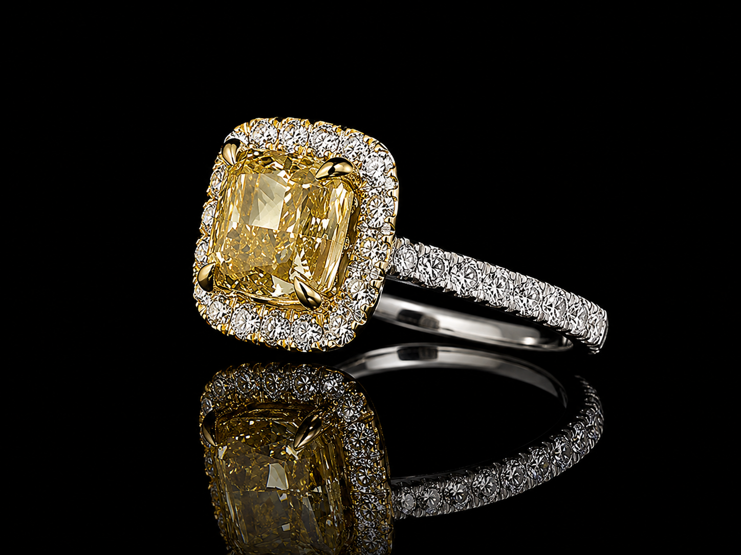 Platinum & 18K Canary Yellow Lab Diamond Cushion Cut Engagement Ring – 2.30 CTW IGI Certified Angelica Jewellers