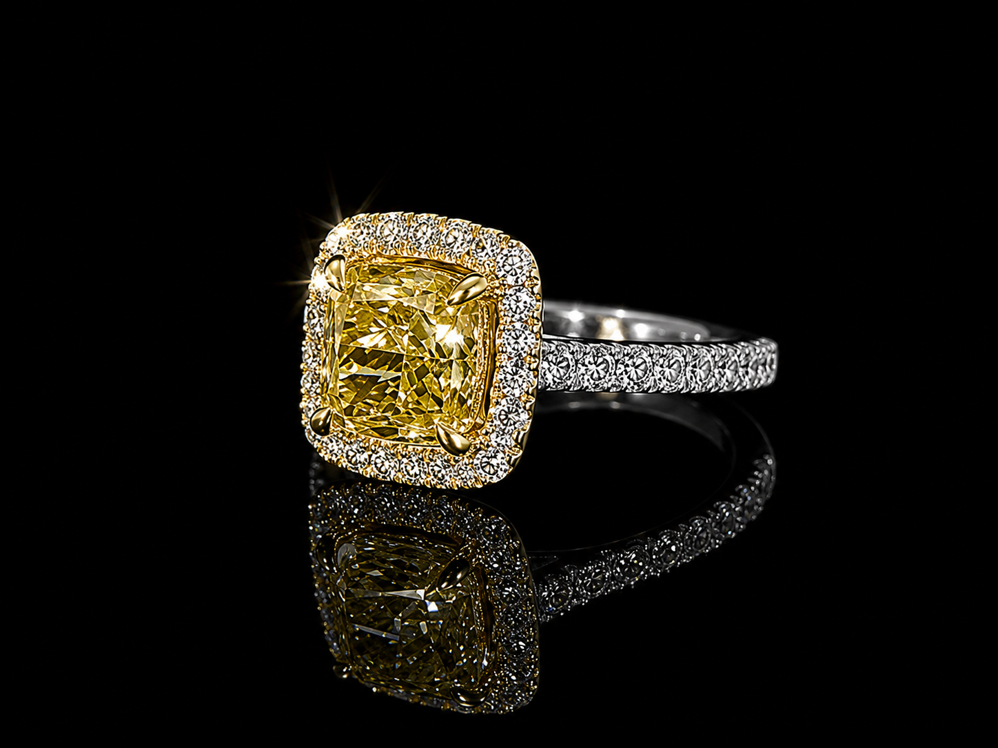 Platinum & 18K Canary Yellow Lab Diamond Cushion Cut Engagement Ring – 2.30 CTW IGI Certified Angelica Jewellers