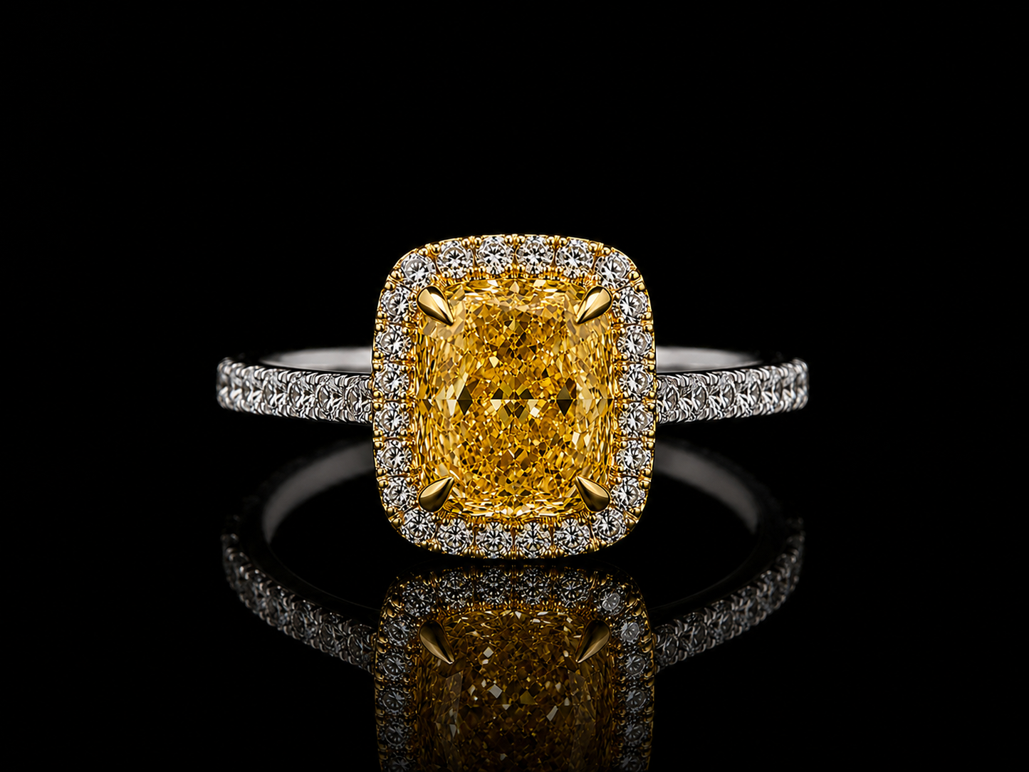 Platinum & 18K Yellow Gold Fancy Vivid Yellow Cushion Lab Diamond Engagement Ring – 2.04 ct Total – IGI Certified Angelica Jewellers
