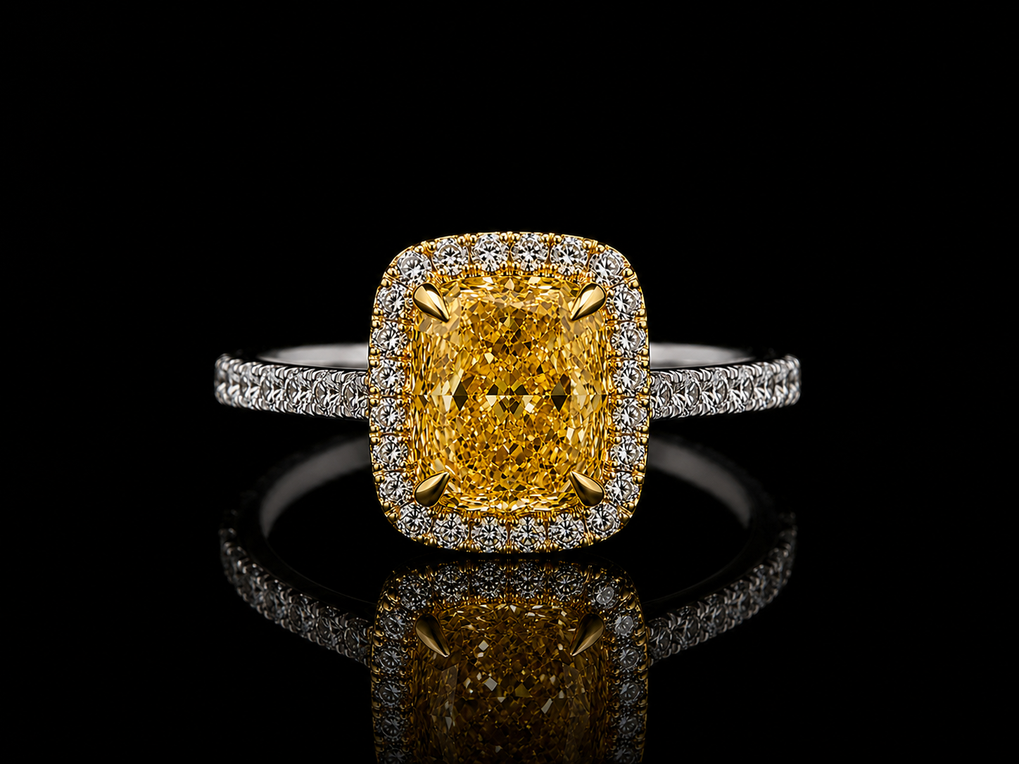 Platinum & 18K Yellow Gold Fancy Vivid Yellow Cushion Lab Diamond Engagement Ring – 2.04 ct Total – IGI Certified Angelica Jewellers