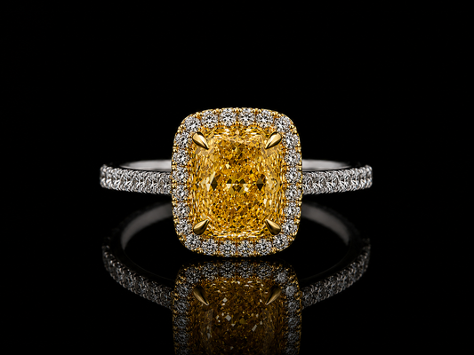 Platinum & 18K Yellow Gold Fancy Vivid Yellow Cushion Lab Diamond Engagement Ring – 2.04 ct Total – IGI Certified