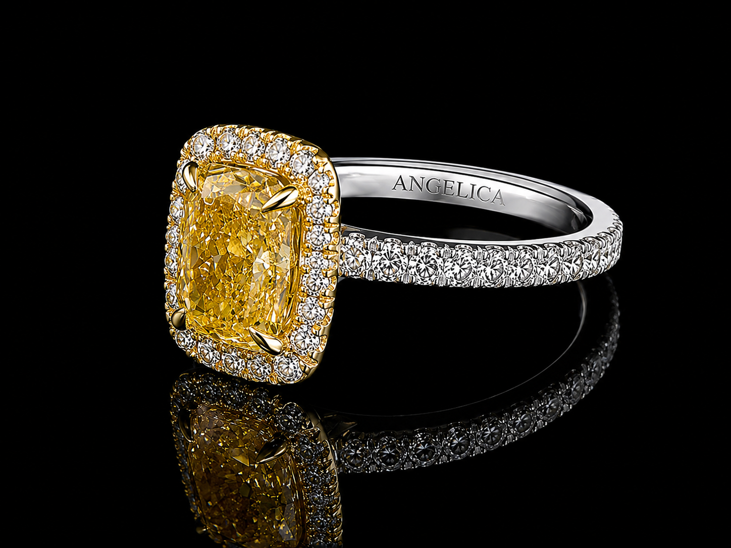 Platinum & 18K Yellow Gold Fancy Vivid Yellow Cushion Lab Diamond Engagement Ring – 2.04 ct Total – IGI Certified Angelica Jewellers