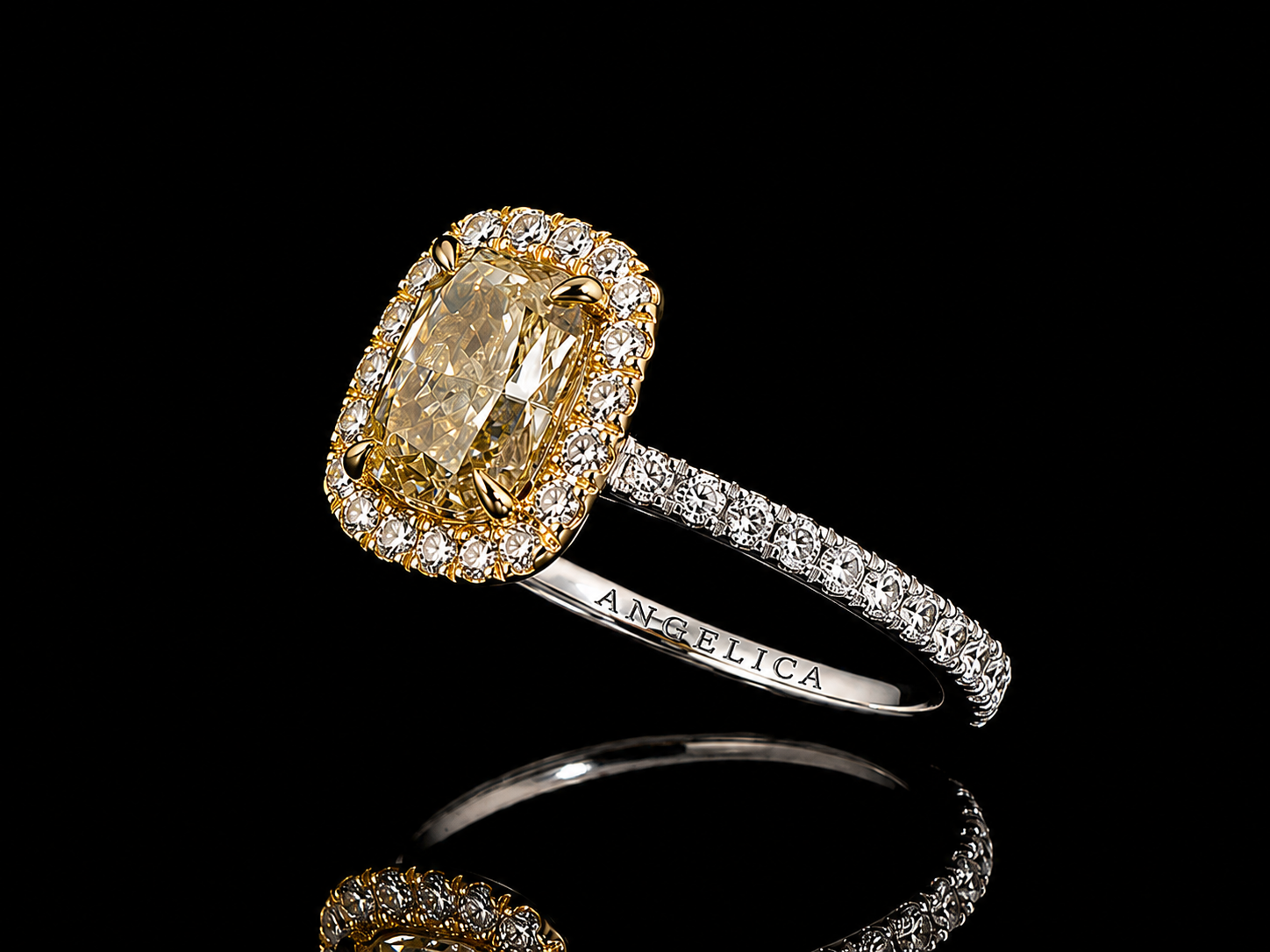Platinum & 18K Yellow Gold Fancy Vivid Yellow Cushion Lab Diamond Engagement Ring – 2.04 ct Total – IGI Certified Angelica Jewellers