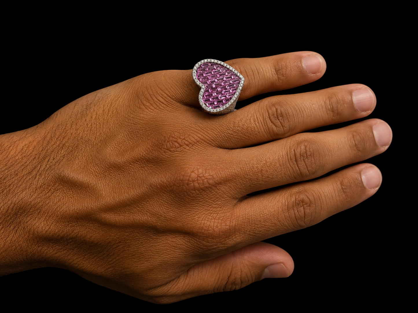 10K White Gold Natural Pink Sapphire & Diamond Heart Ring – 10.88 CT Total Gem Weight