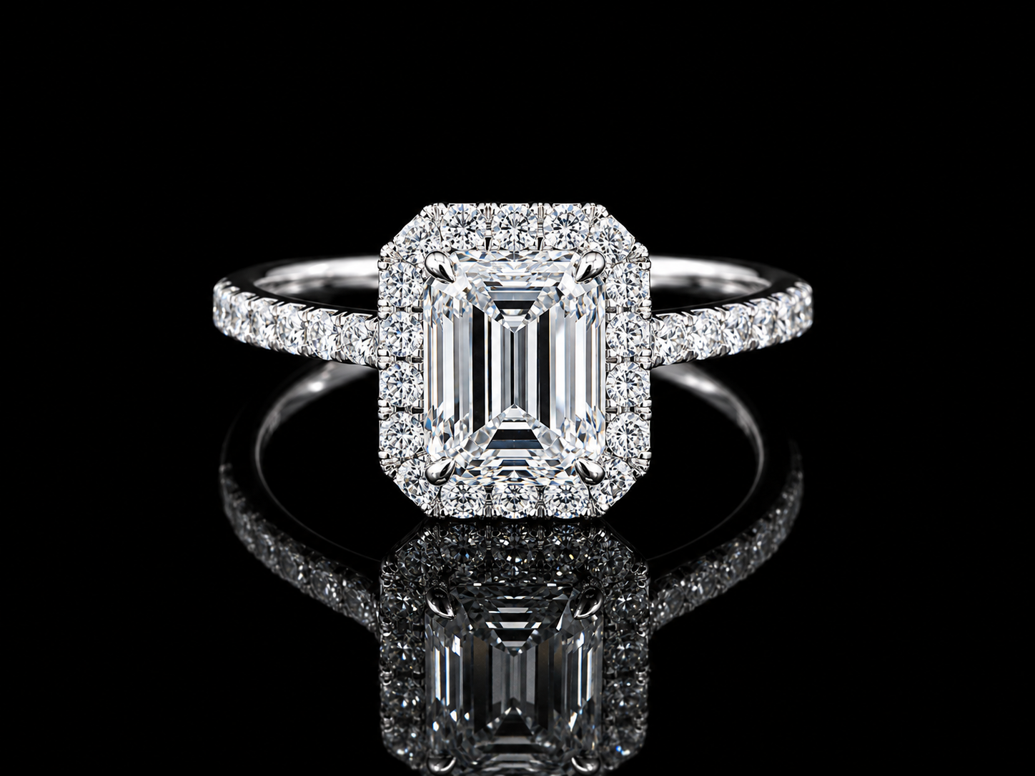 14K White Gold Lab-Grown Diamond Emerald Cut Halo Engagement Ring – 1.45 CTW IGI Certified Angelica Jewellers