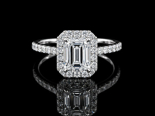 14K White Gold Lab-Grown Diamond Emerald Cut Halo Engagement Ring – 1.45 CTW IGI Certified Angelica Jewellers