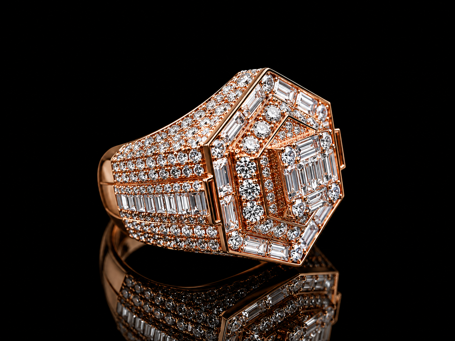 10K Rose Gold Diamond Hexagon Statement Ring – 4.80 CTW VVS F+ Diamonds