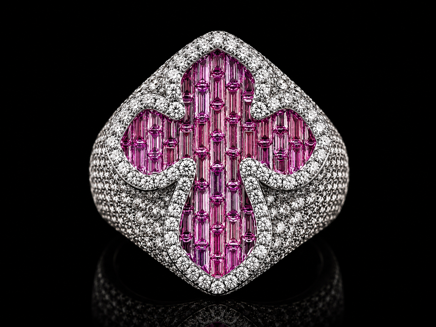 10K White Gold Pink Sapphire & Diamond Cross Ring – 9.10 CTW