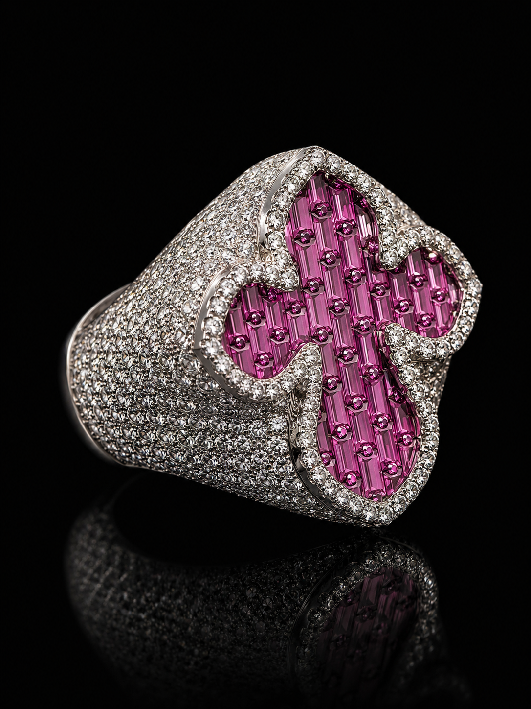 10K White Gold Pink Sapphire & Diamond Cross Ring – 9.10 CTW