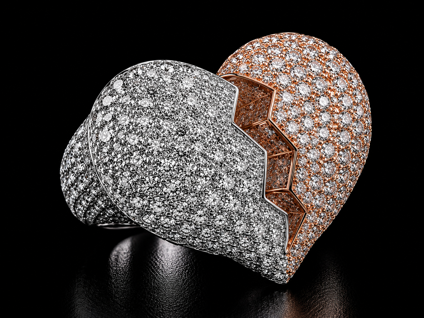 Jumbo Signature Broken Heart Ring – 10K Solid Two-Tone Gold & 9.48CT VVS Diamond Pavé Ring