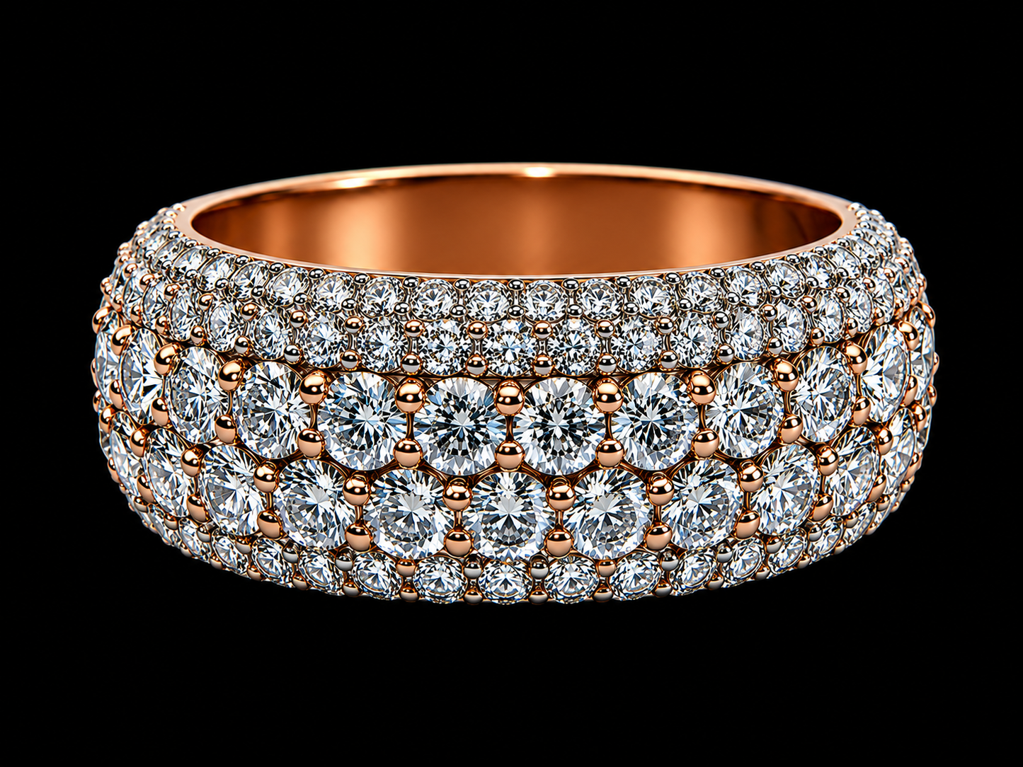 10K Rose Gold 6-Row Diamond Semi-Eternity Bomber Ring – 4.60 CT VVS F+